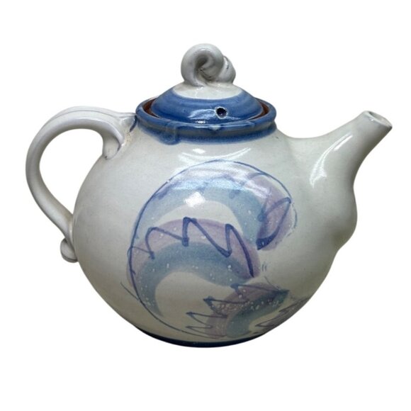 Wayne Village Pottery Persian Cat Teapot Redware Maine Blue Clay - Picture 3 of 6